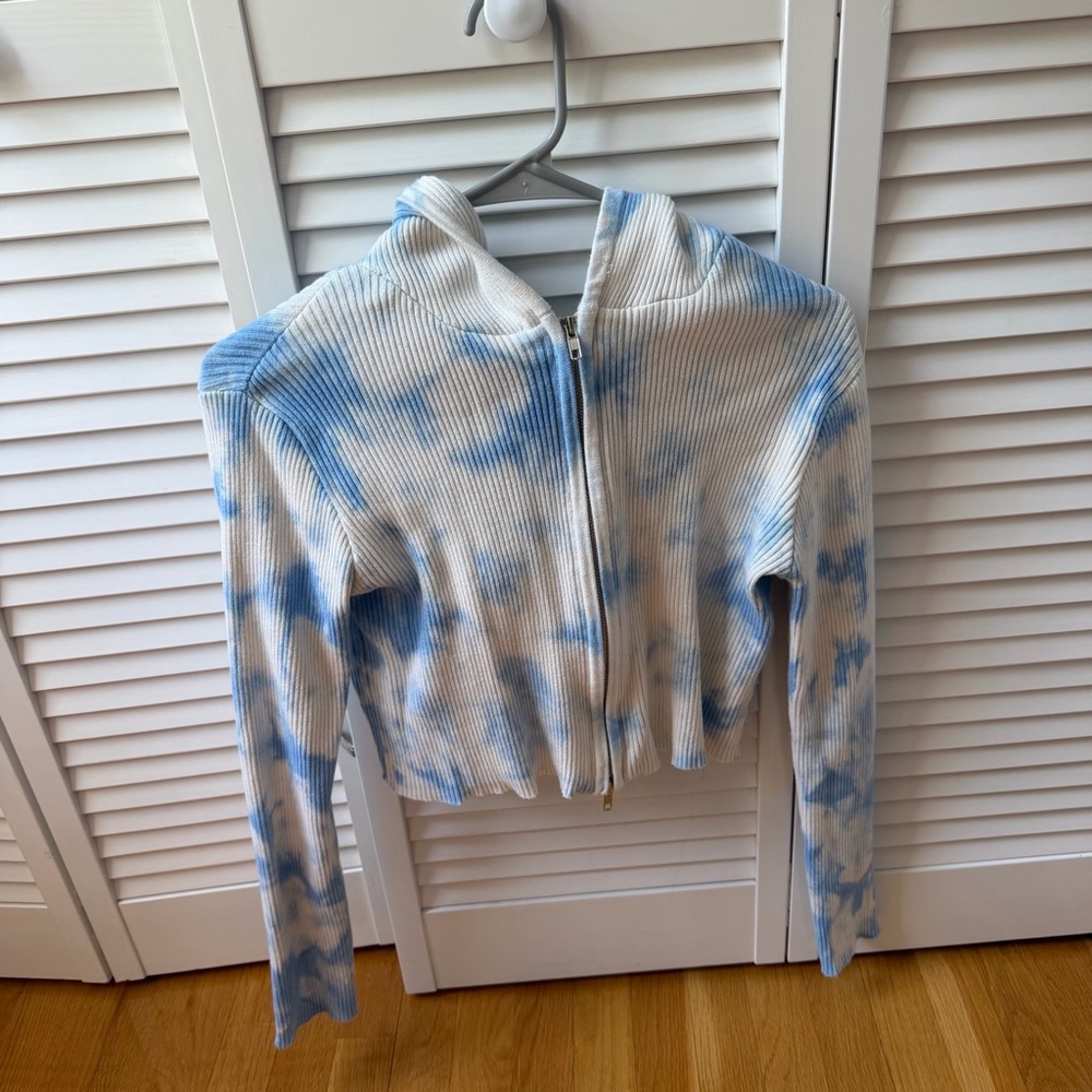 Blue and White Tie-Dye Cropped Ribbed Zip Hoodie